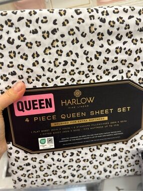 Harlow Leopard Print Queen Sheet Set - White, Black & Gold Accent